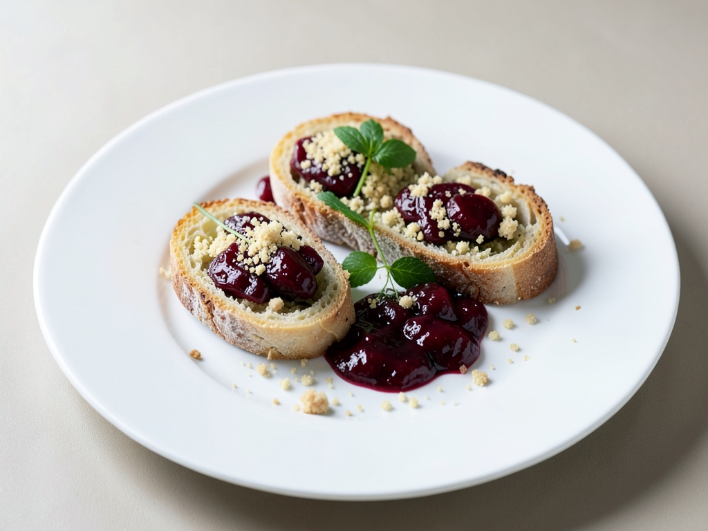 Briciole di pane coccolate con briciole di pane tostate e stufato di prugne
