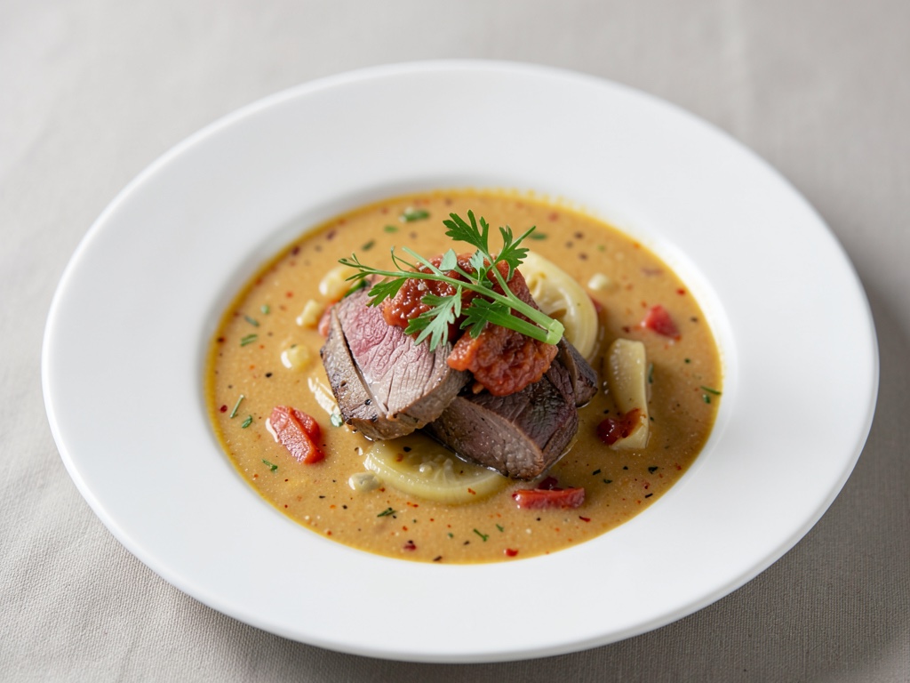 Soupe crémeuse aux artichauts et tomates avec agneau tendre et ail des ours
