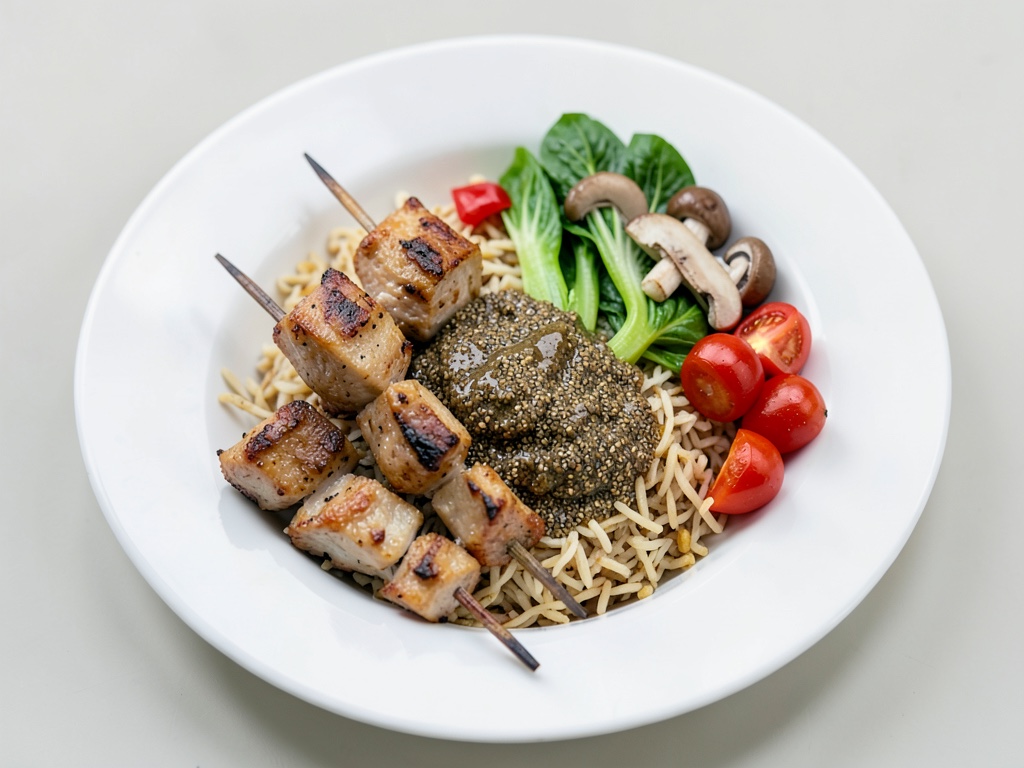 Bol asiatique avec riz basmati, brochettes de poulet, pak choi, champignons shiitake, poivrons et sauce sésame