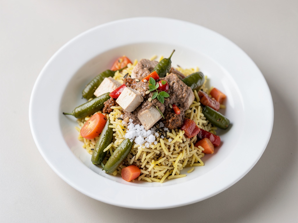 Asiatische Schale mit Limetten-Jasminreis, Zuckerschoten, Tofu und Paprikacreme