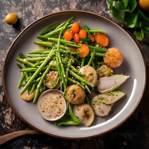 Polpette di pesce asiatiche con asparagi e salse fresche