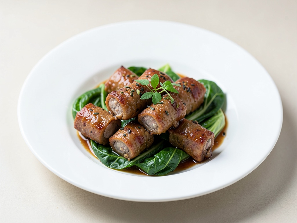Rouleaux de viande asiatiques sur pak choi