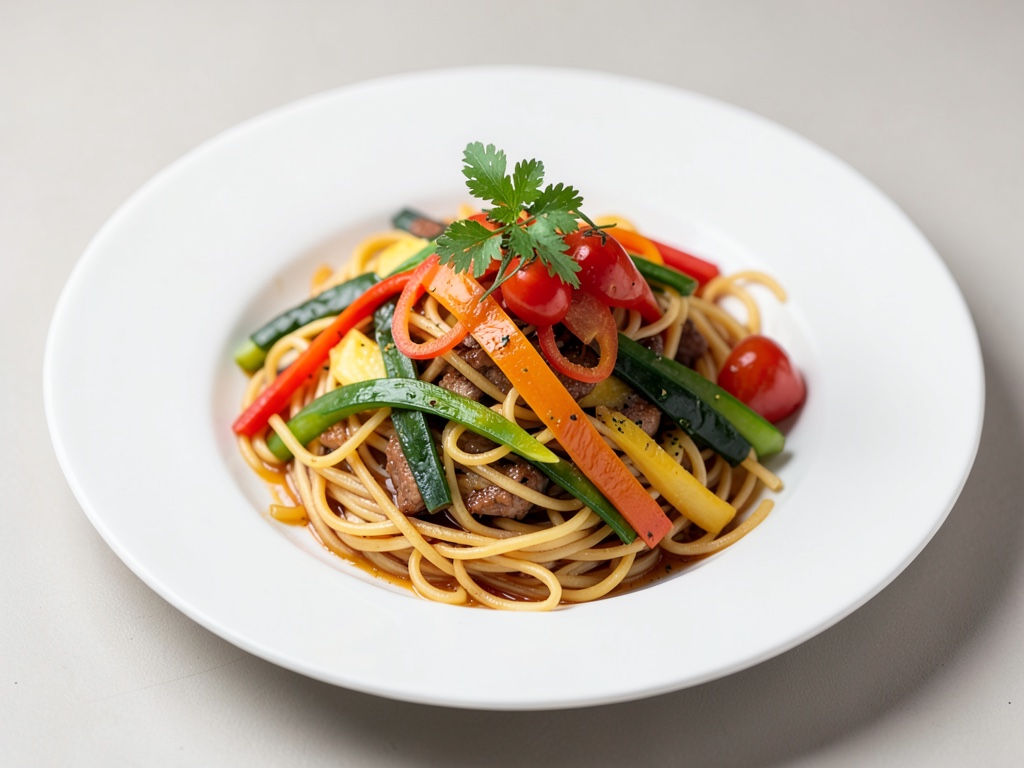 Wok-Nudeln mit buntem Gemüse und Mango