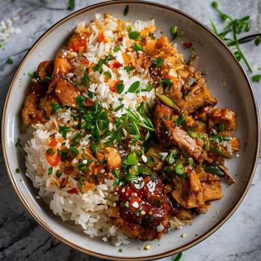 Scatola di pollo asiatica con riso