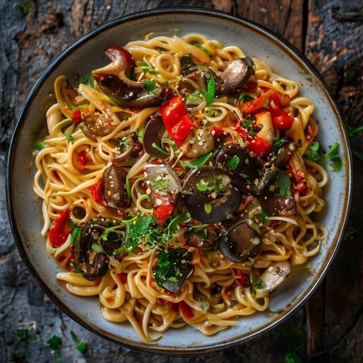 Asiatische Nudeln mit Paprika, Sprossen und Shiitakepilzen