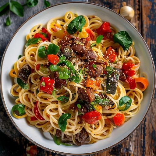 Nudeln mit asiatischem Rindfleisch und buntem Gemüse