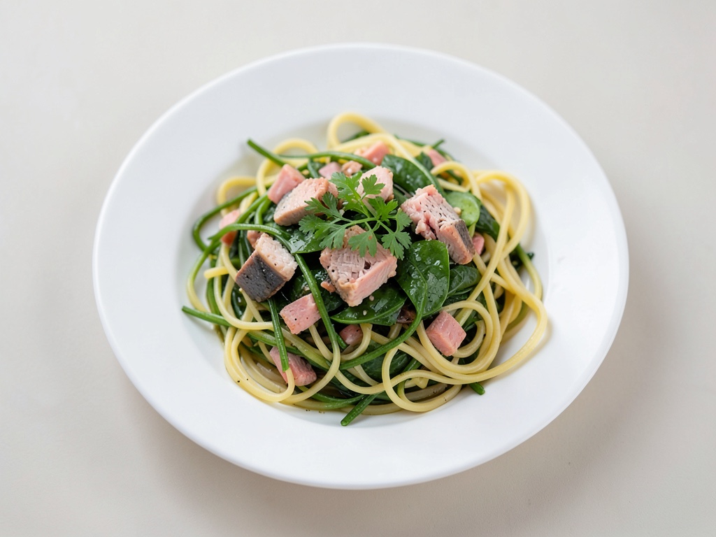 Asiatischer Nudelsalat mit grünem Wasserkresse und Thunfisch