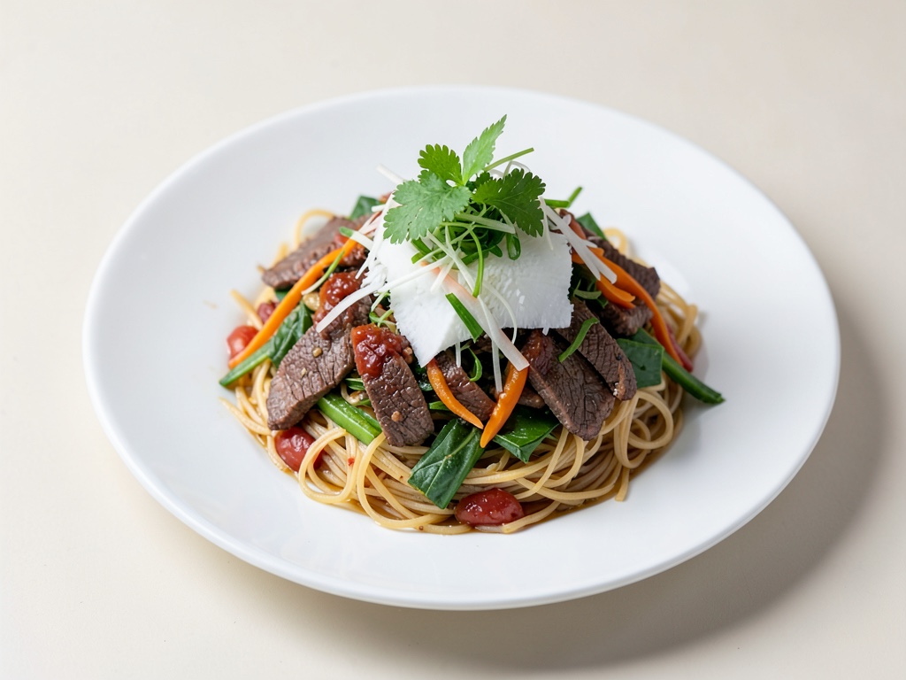 Insalata asiatica di manzo con noodles di riso e cocco