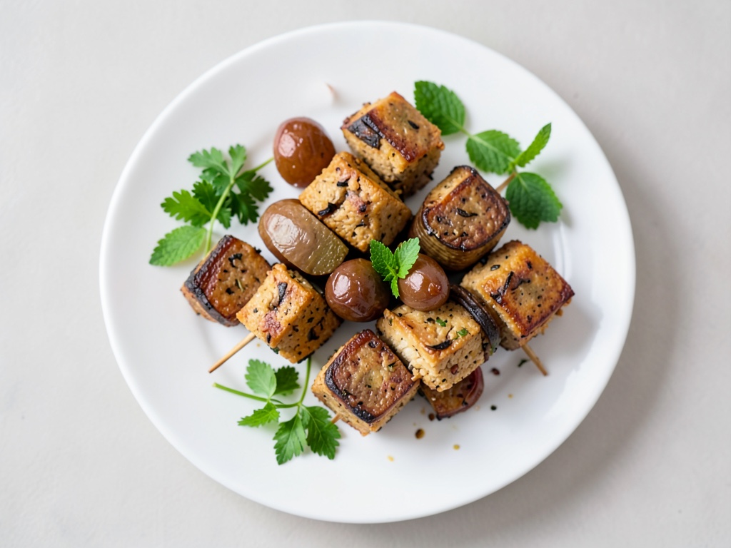 Aubergines grillées avec brochettes de tofu aux champignons et sauce aux herbes