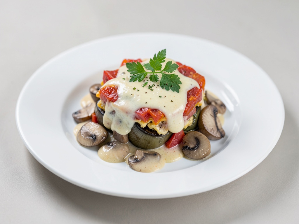 Gratin cremoso di melanzane e pomodori con funghi champignon