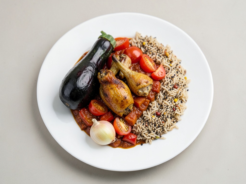 Curry de poulet aux aubergines, tomates et riz au sésame