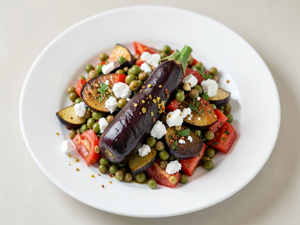 Insalata di melanzane e pomodori arrosto con ceci e feta