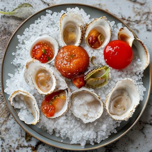 Ostriche su un mucchio di sale marino con salsa di pomodoro