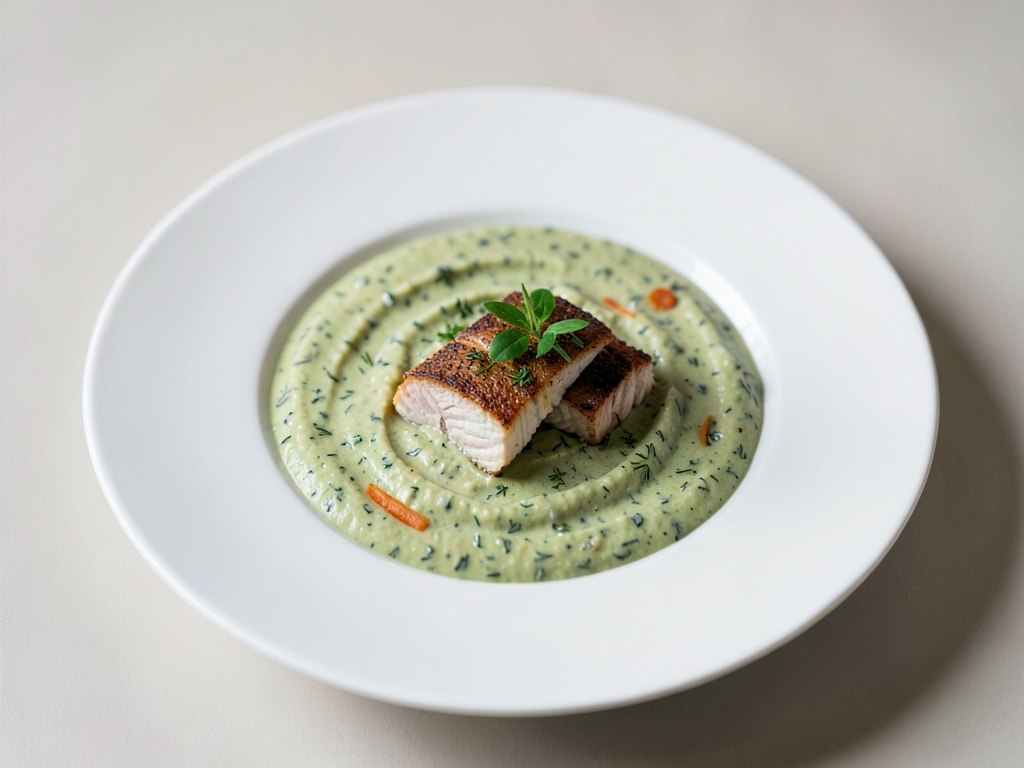 Sopa cremosa de aguacate y eneldo con trucha ahumada