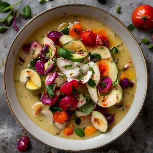Sopa cremosa de aguacate y gambas con physalis