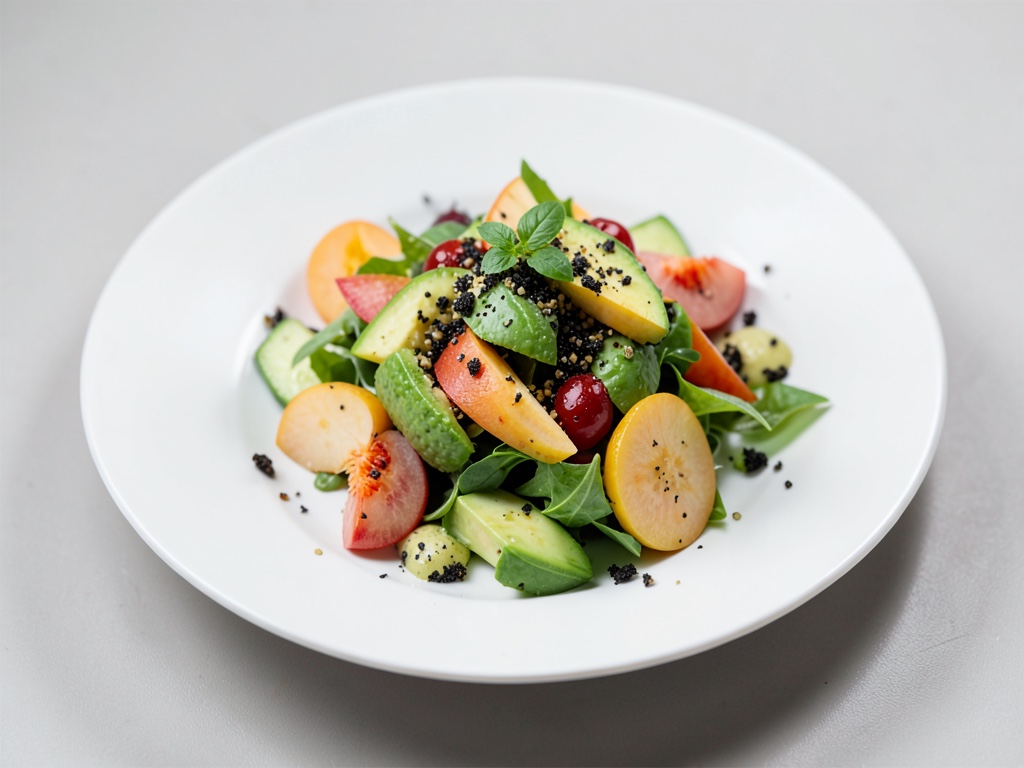 Insalata colorata con avocado, cetriolo, pesca e gorgonzola