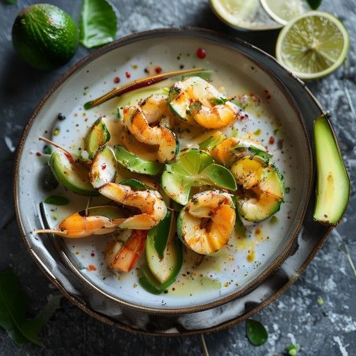 Zuppa fredda e rinfrescante di avocado e cocco con gamberi alla griglia