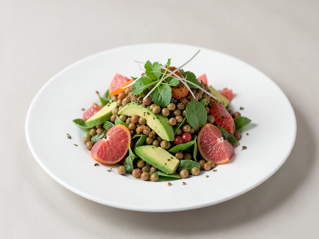 Insalata fresca di lenticchie, avocado e pompelmo rosa