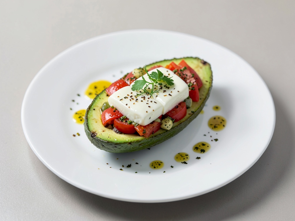 Ciotole di avocado ripiene di insalata di formaggio e pomodori
