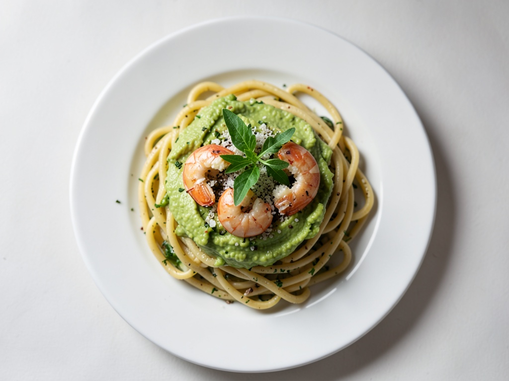 Cremige Avocado-Pasta mit Garnelen