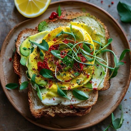 Toast croccante con insalata di pomodori e avocado e yogurt dip