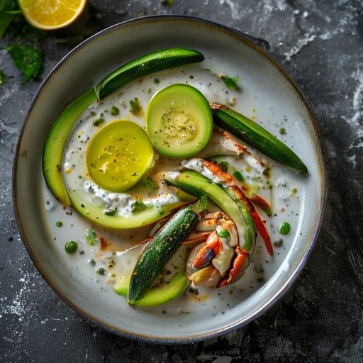 Erfrischende kalte Avocado-Krabben-Suppe
