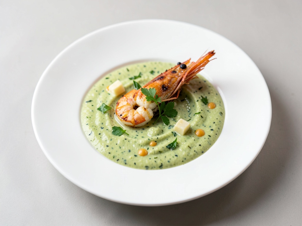 Rinfrescante zuppa fredda di avocado e cetriolo con gamberi alla griglia