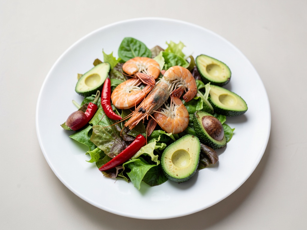 Gamberetti alla griglia su spinaci con avocado
