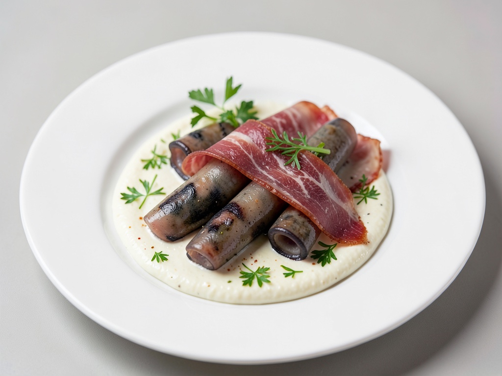 Anguille baby con prosciutto di Ibérico su maionese all'aglio