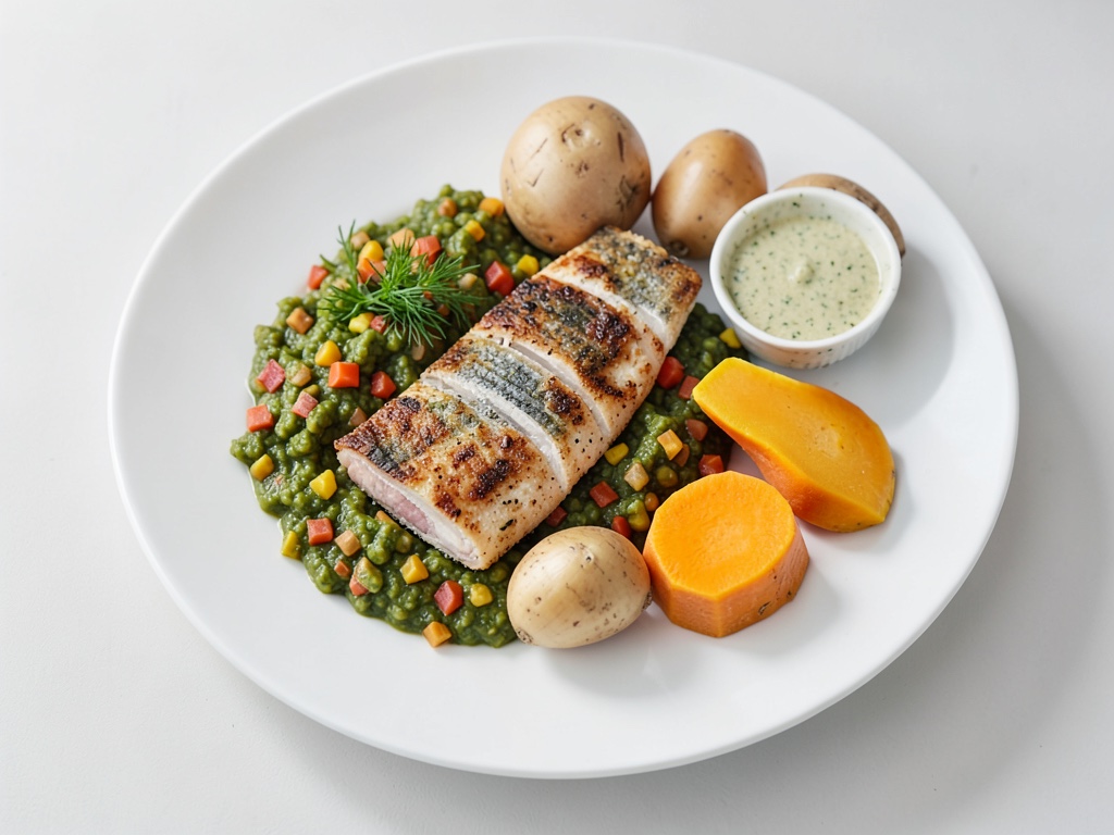Pesce croccante al forno con purè di verdure colorate e yogurt all'aneto