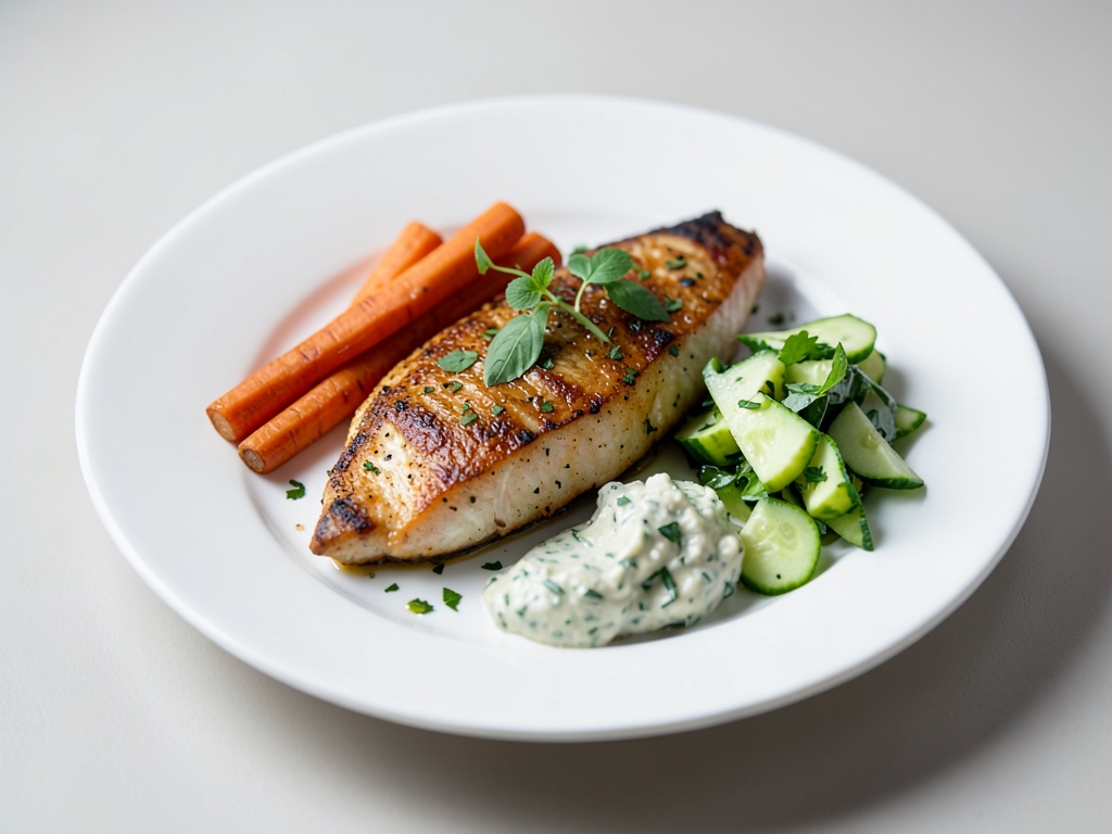 Poisson au four avec bâtonnets de patates douces, quark aux herbes et salade de concombres croquante