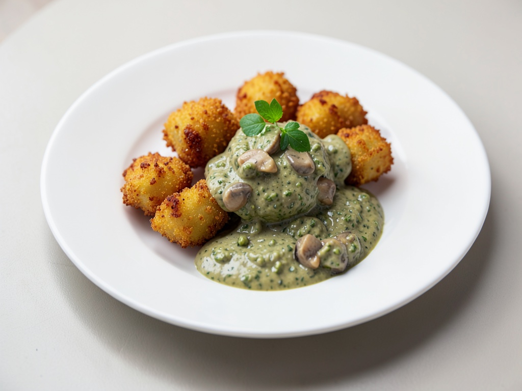 Knusprige Maisknödel mit cremiger Champignon-Pesto-Soße