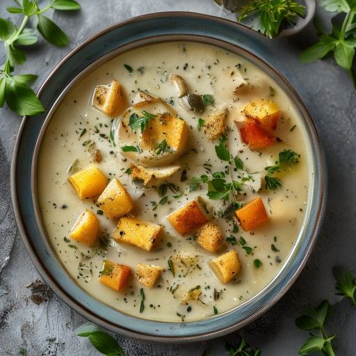 Sopa cremosa de ajo silvestre con trozos de pescado y dados de pan crujientes