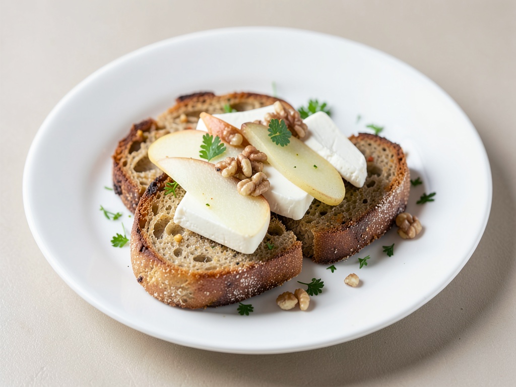 Fette di Baguette croccanti con Brie, pera e noci