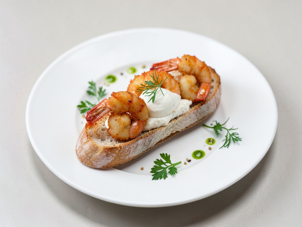 Knusprige Garnelen auf Baguette mit Tee-Quark-Creme