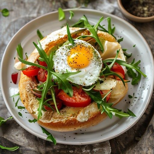 Sandwich baguette au roquette, tomates et œuf