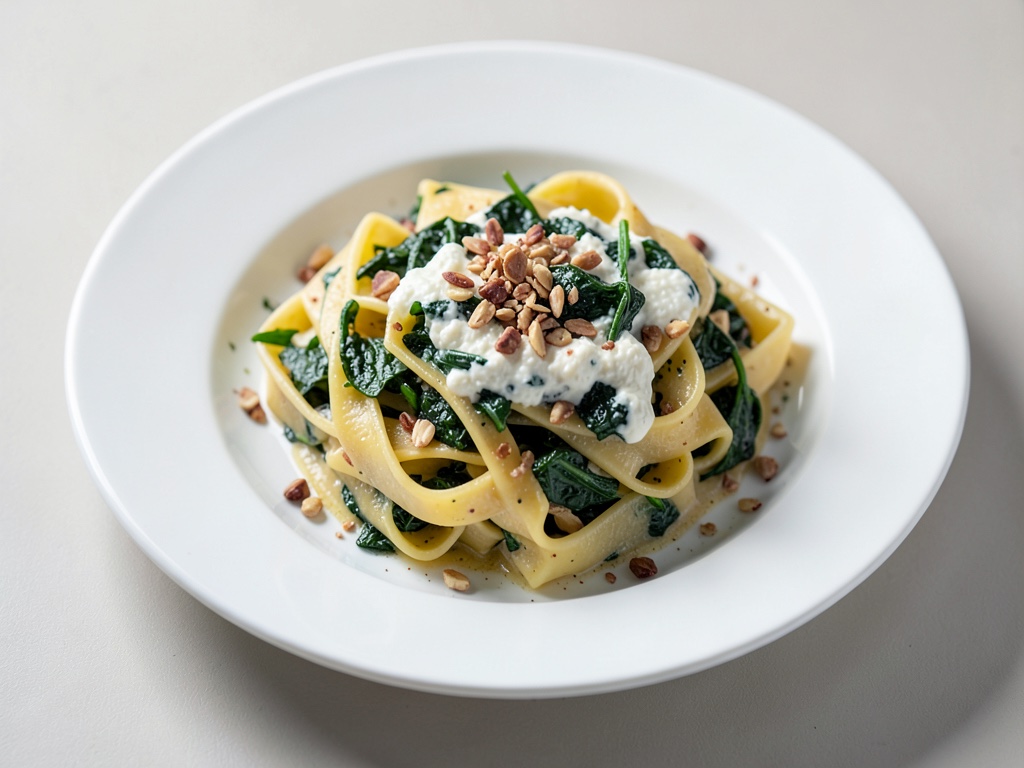 Tagliatelle integrali con ricotta, spinaci e pinoli