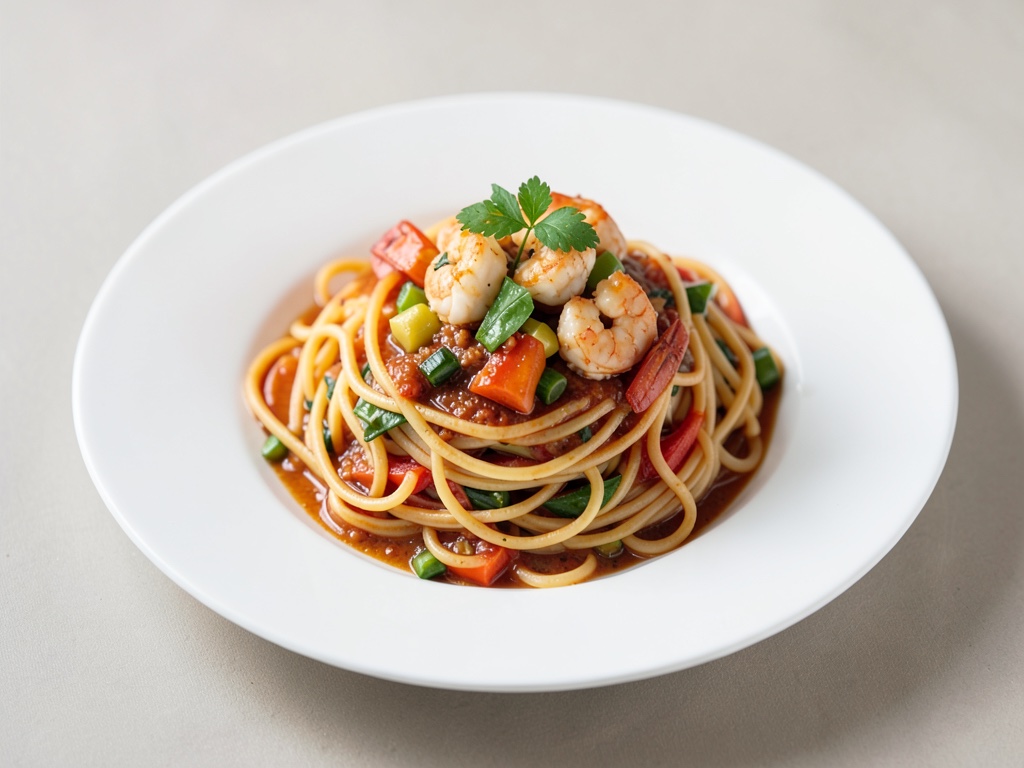 Tagliatelle con salsa di gamberi e verdure