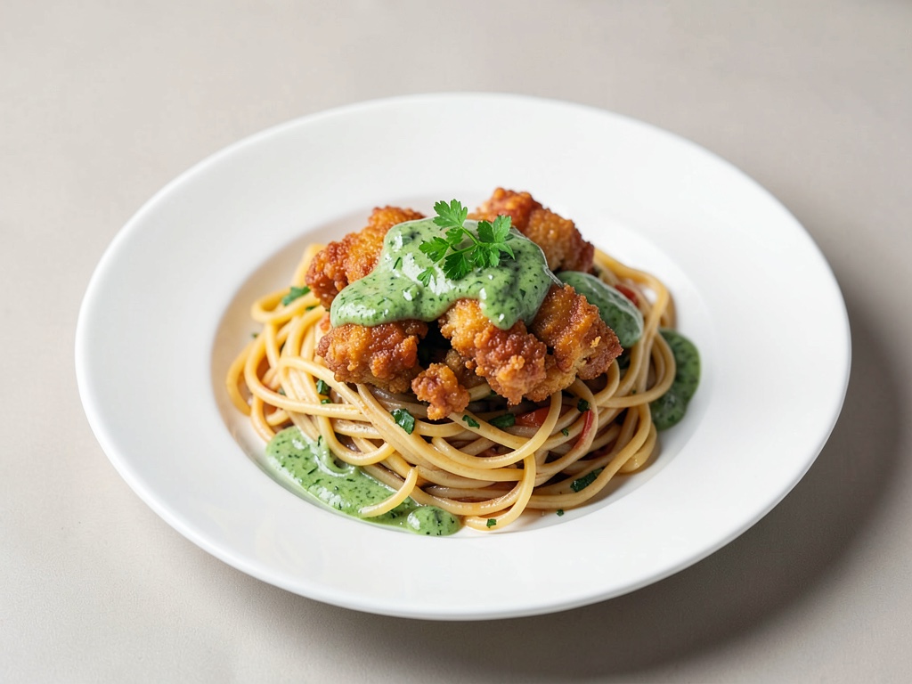Tagliatelle con pollo fritto e salsa a base di erba cipollina e crescione