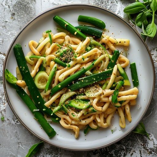 Tagliatelles aux asperges vertes, courgettes et haricots