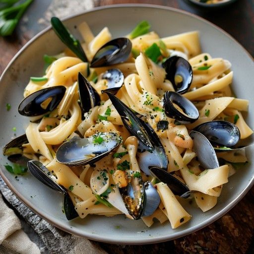 Tagliatelle con cozze e porri