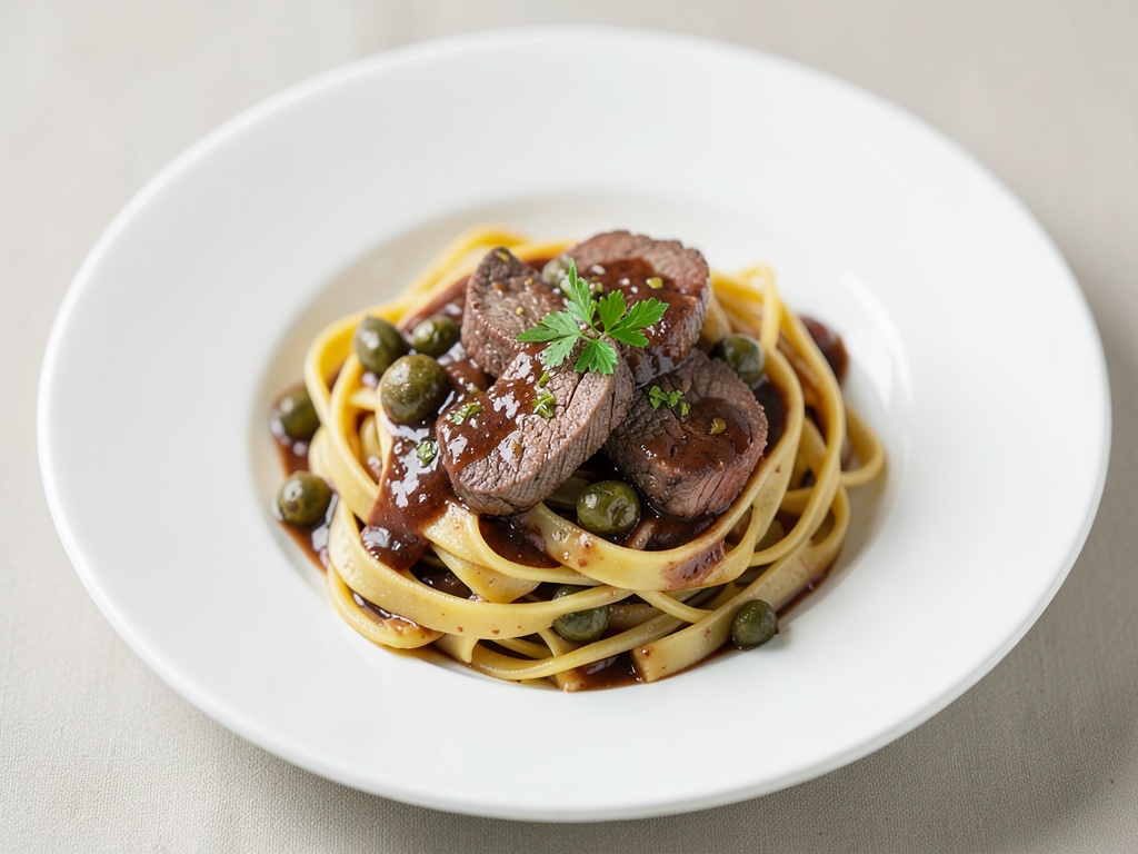 Tagliatelles aux lanières de filet de bœuf et sauce morilles au porto