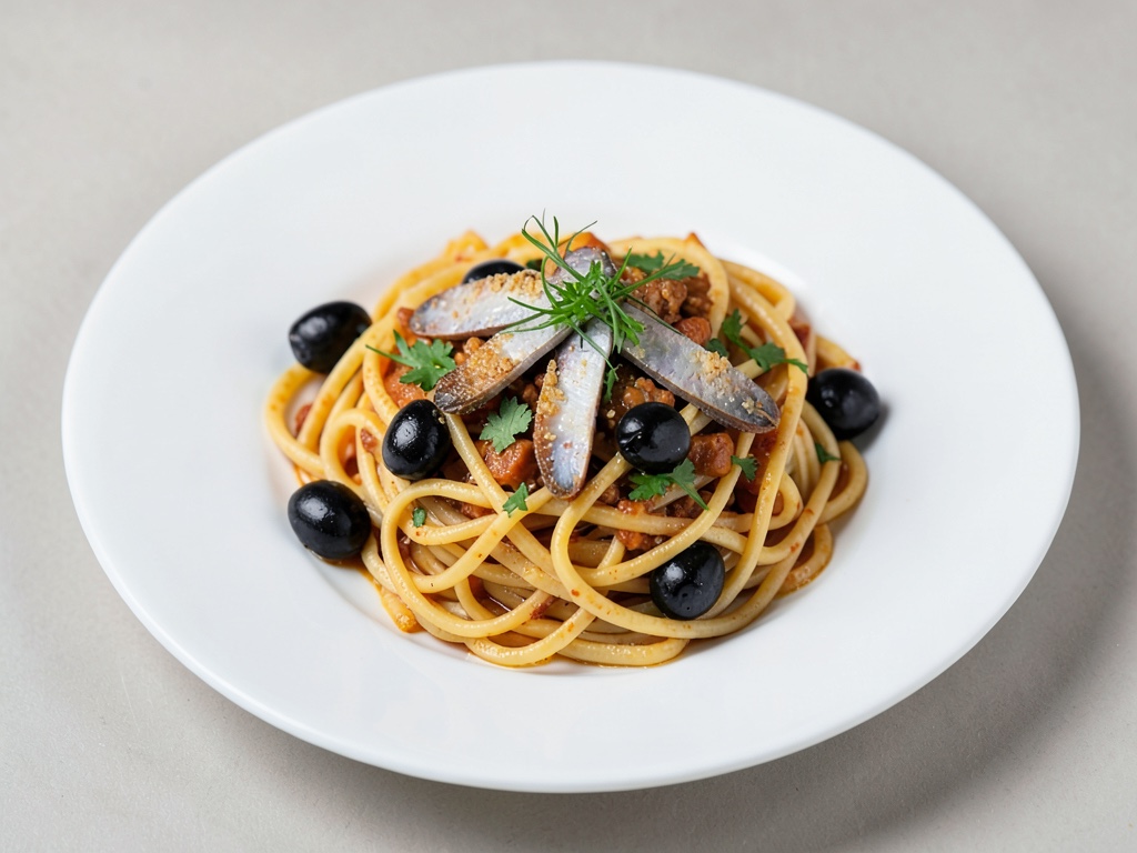 Fettuccine con anchoas y aceitunas