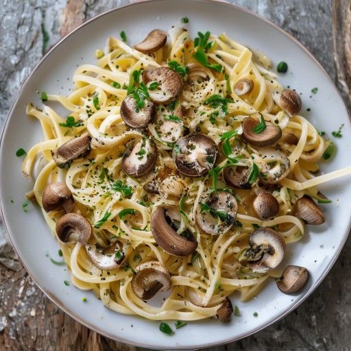 Tagliatelle con olio al erba cipollina e parmigiano e funghi champignon