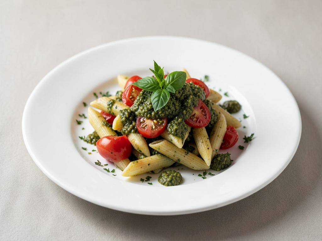 Penne mit Tomaten und hausgemachtem Basilikum-Pesto