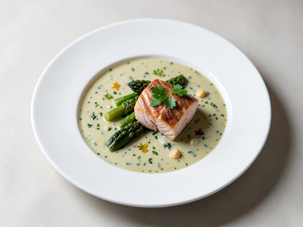 Sopa cremosa de espárragos y albahaca con salmón salvaje
