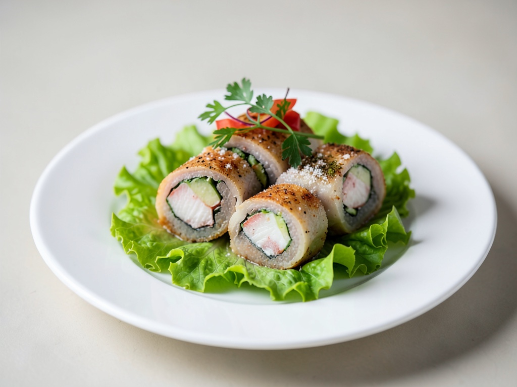 Rotoli di pesce fresco su insalata Batavia