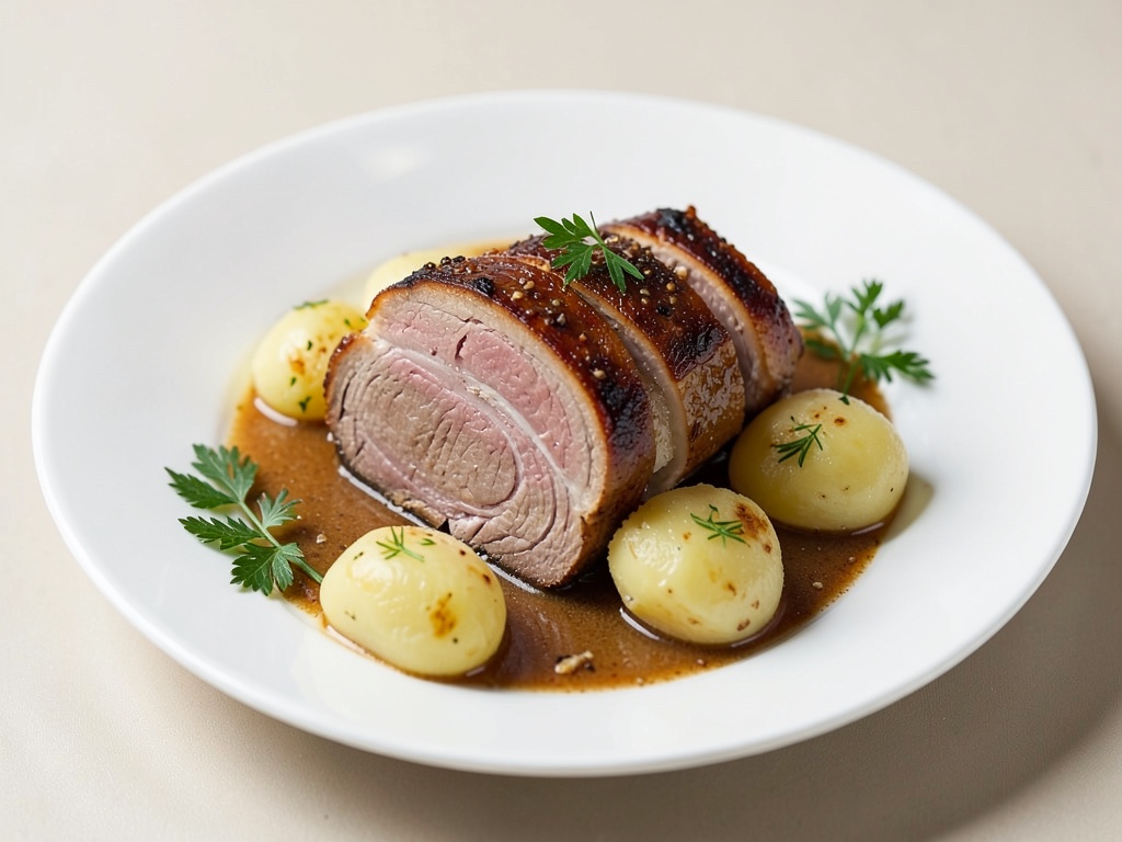 Rôti de porc bavarois avec boulettes de pommes de terre