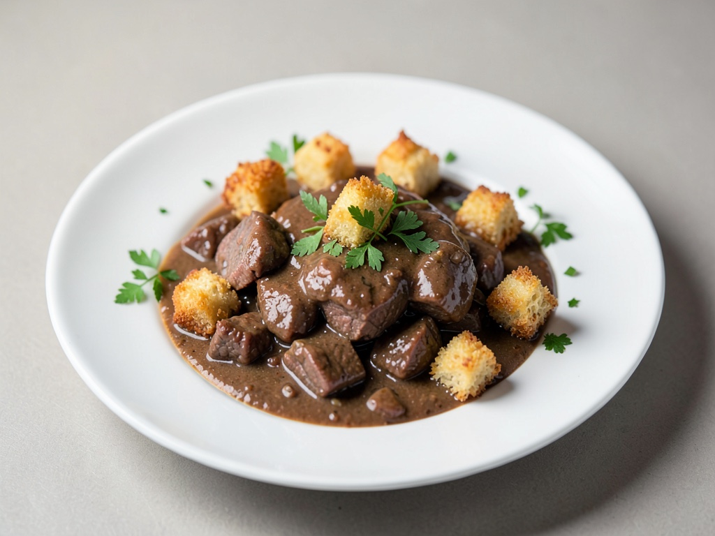 Stufato di man succoso con crostini di pasta sfoglia croccanti