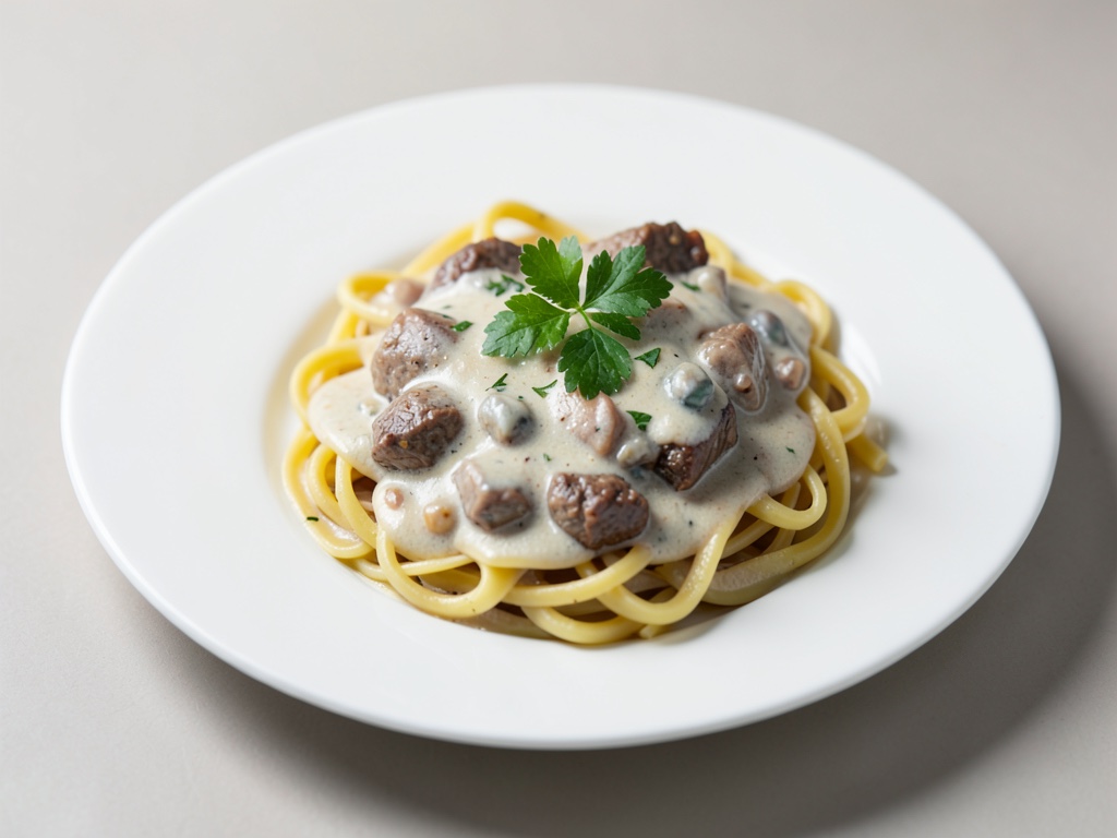 Cremiges Rinder-Stroganoff auf Nudeln
